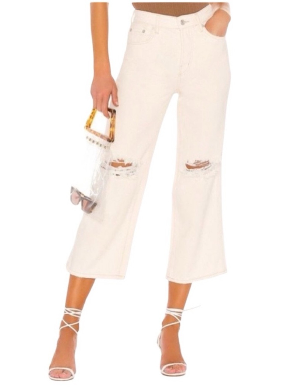 Free People Ranger Ripped Crop Wide Leg Distressed Jeans Sz 31 Ivory